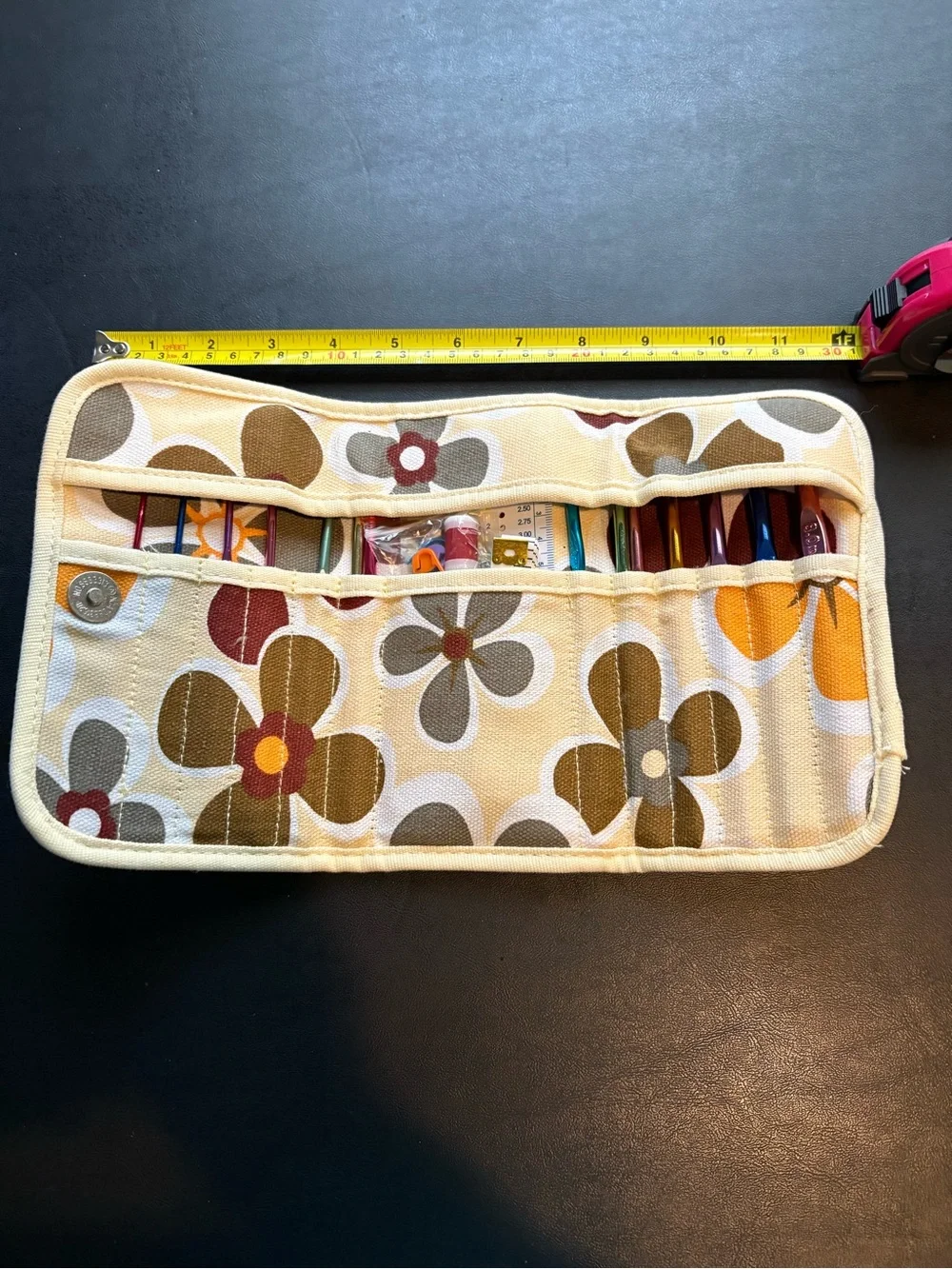 Canvas Floral Needle & Tool Organizer Pouch in Cream and Brown